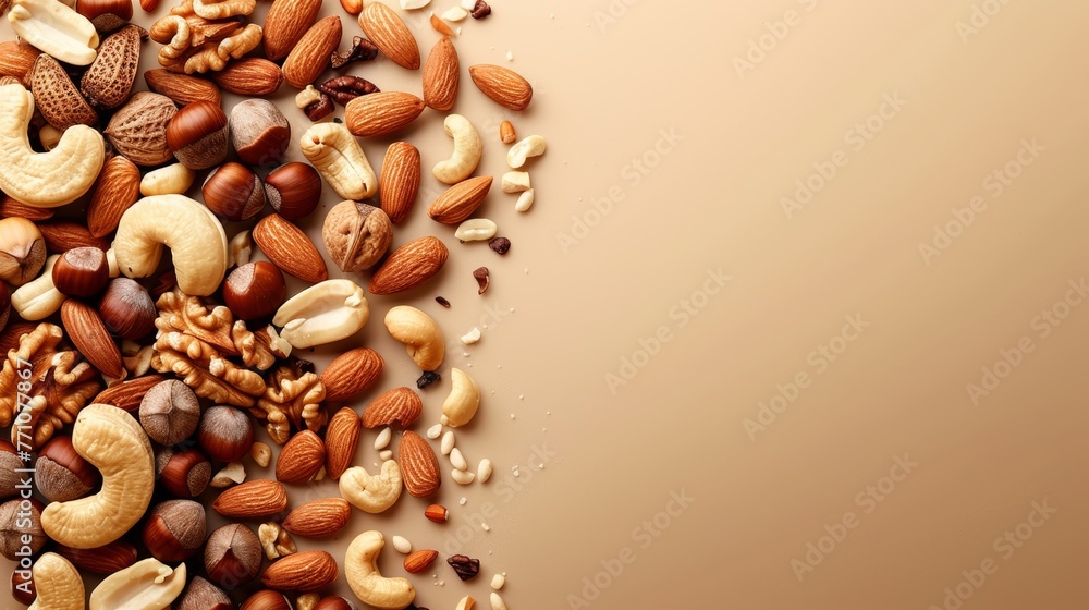 Aufkleber assorted nuts on light brown surface with ample space for text placement, ideal for search relevance