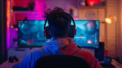 Fototapeta premium Gamer with headphones facing dual monitors in a neon-lit room, immersed in an intense gaming session.