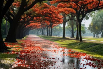 A vibrant painting of a tree-lined road adorned with brilliant red Royal Poinciana flowers in full bloom, creating a stunning and picturesque scene. Generative AI