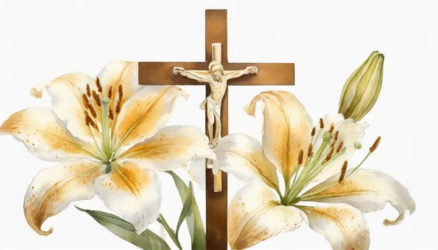 christian cross made and white lily flower watercolor clipart illustration with isolated background