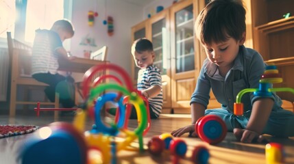 Two young children playing with colorful educational toys on a wooden floor in a sunlit room. - obrazy, fototapety, plakaty
