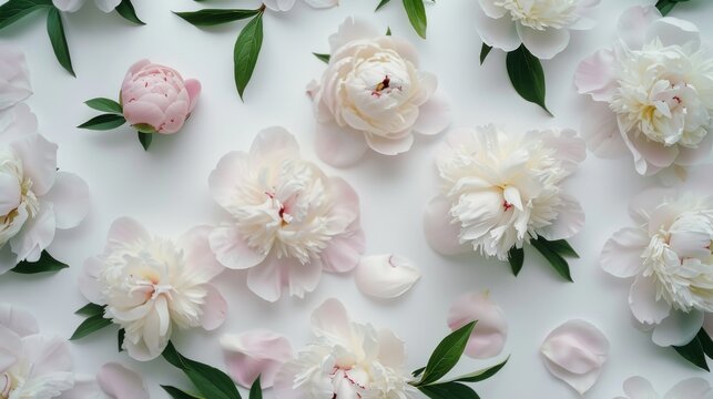 Bouquet of peony. Floral pattern. Flat lay, top view.