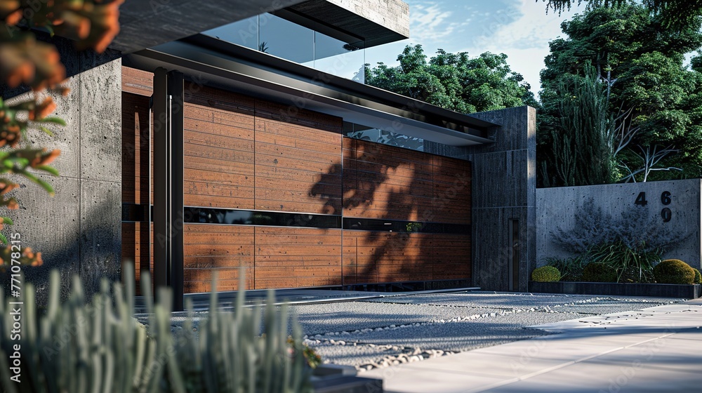 Poster an innovative main gate featuring a sliding mechanism that retracts seamlessly into the wall, maximi