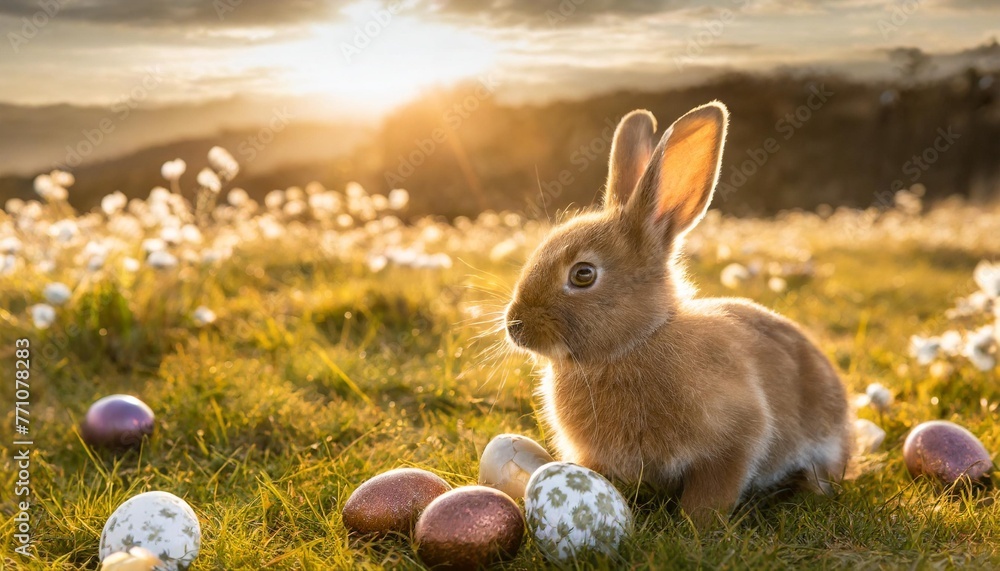 Wall mural cute little easter bunny sitting near easter eggs in flowery meadow golden hour sun is shining banner image - Wall murals