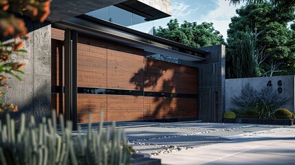 An innovative main gate featuring a sliding mechanism that retracts seamlessly into the wall, maximizing space and creating a sleek and uncluttered entrance to the modern house in - Powered by Adobe