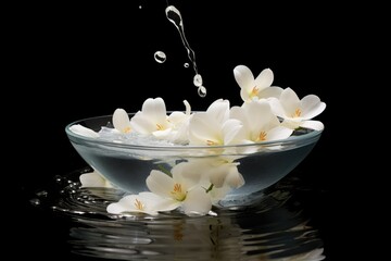 A glass bowl holds delicate white flowers floating serenely in clear water, exuding a sense of tranquility and purity. Generative AI