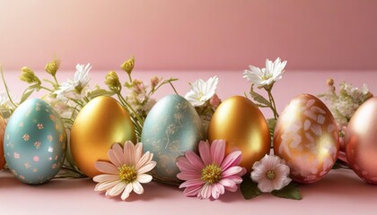 Fototapeta na wymiar 3d easter colorful eggs with spring flowers on pink background greeting card banner designd