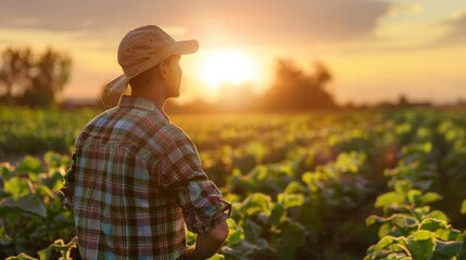 Farmer inspecting crops at sunset in a field, with warm sunlight casting a glow over the serene farmland. - obrazy, fototapety, plakaty