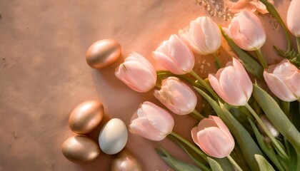 Obraz na płótnie Canvas soft pink tulips and easter eggs flat lay on salmon background