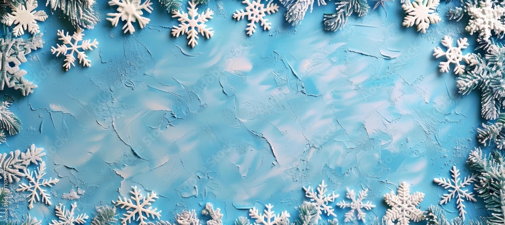 Poster christmas spruce branch and snowflake frame with ample space for text in festive background