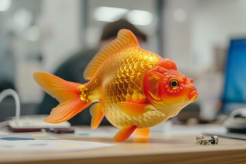 1 april fools day. Funny day. April fish. Prank. A goldfish toy overlooking an office workspace, a fun addition to the professional setting