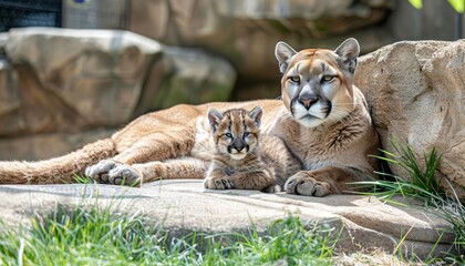Male puma and cub portrait with space for text, object on the side, ideal for adding descriptions