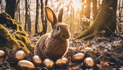 easter bunny with chocolate eggs in a mysterious forest - obrazy, fototapety, plakaty
