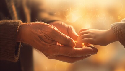 Old Man and Child Holding Hands, Light Gold, Light Brown Pattern, Generational Connection, Life and Hope Concept