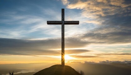 Fototapeta na wymiar cross of jesus christ on sunset sky background christian religion concept