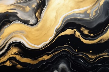 Luxury Black Gold Marble Pattern, Abstract Fluid Art Painting Background for Wallpaper Decoration - obrazy, fototapety, plakaty