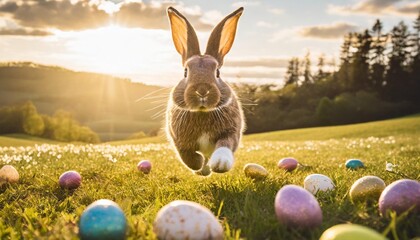 joyful running easter bunny with colorful eggs - obrazy, fototapety, plakaty