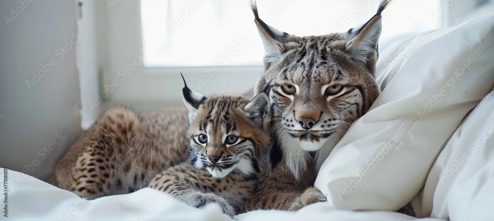 Poster male lynx and cub portrait with ample space for text, object on right side for balanced composition