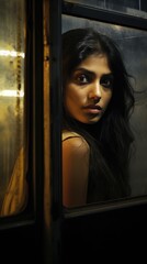 Street dreamy photo sad indian woman model window looking at camera portrait reflection glare