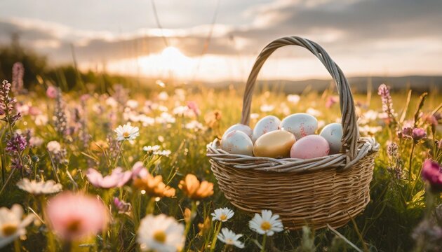 basket with easter eggs in field full of colorful wild flowers easter and spring concept