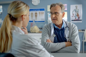 Doctor discusses test results with patient in clinic