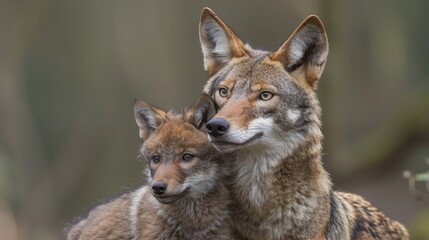 Obraz premium Male wolf and cub portrait, object included, ample empty space on the left ideal for text