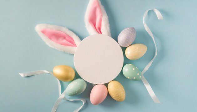 easter composition concept top view photo of white circle colorful easter eggs and bunny ears on isolated pastel blue background with copyspace