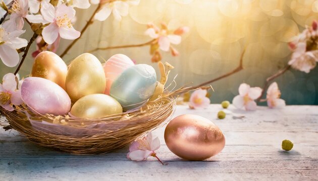 beautiful postcard with easter decoration and painted colorful easter eggs banner