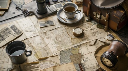 Travel and Exploration: Vintage Map with Coffee and Navigation Tools - obrazy, fototapety, plakaty