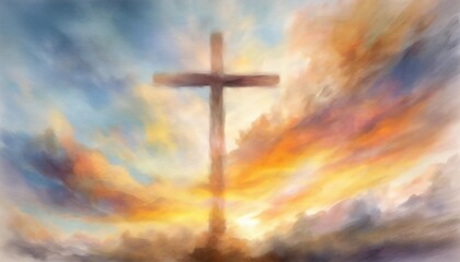 blurry abstract background painting in watercolor depicting a conceptual cross or other religious symbol over a sky at sunset with clouds as god illustration - obrazy, fototapety, plakaty