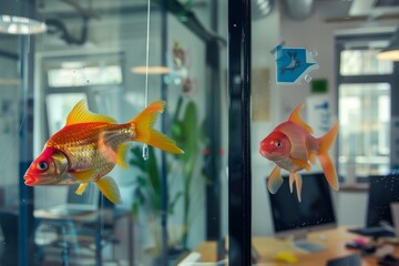 1 april fools day. Funny day. April fish. Prank. Goldfish decals stick to an office window, reflecting a creative and dynamic workplace environment