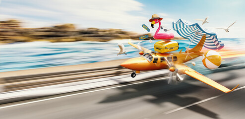 Orange airplane with luggage and beach accessories in a rush for summer vacation. Summer travel...
