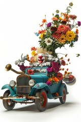 1 april fools day. Funny day. A whimsical clown bursts from an antique car overflowing with flowers, embodying joy and chaos