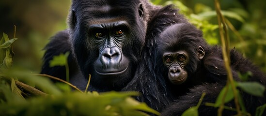 Two primates with large heads and eyes are standing next to each other in the jungle. The terrestrial animals have snouts and are surrounded by grass and other natural materials