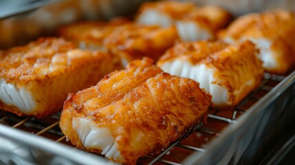 Irresistible crispy breaded fish fillets fried to perfection, boasting a tender flaky interior - obrazy, fototapety, plakaty