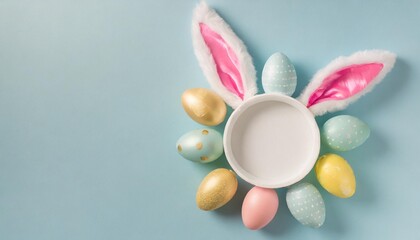 easter composition concept top view photo of white circle colorful easter eggs and bunny ears on isolated pastel blue background with copyspace