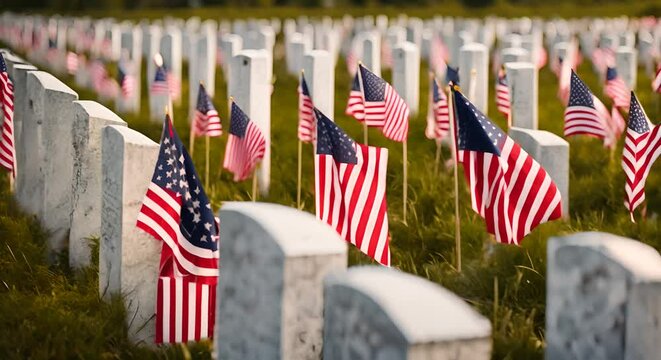 US flags in a cemetery.