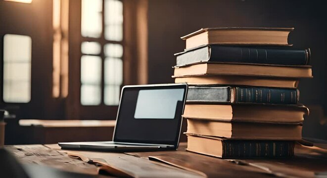 Books next to a laptop.