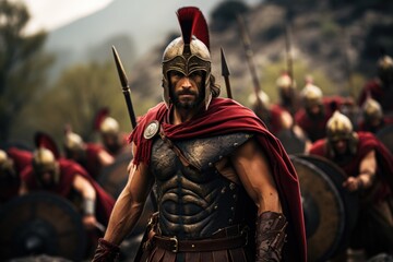 Spartan, a solitary warrior in minimalist armor, radiating discipline and strength. Embody essence of ancient Greek valor unyielding resilience. Austere training battlefield prowess, essence spirit - obrazy, fototapety, plakaty