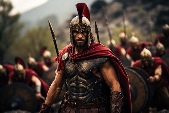 Spartan, a solitary warrior in minimalist armor, radiating discipline and strength. Embody essence of ancient Greek valor unyielding resilience. Austere training battlefield prowess, essence spirit