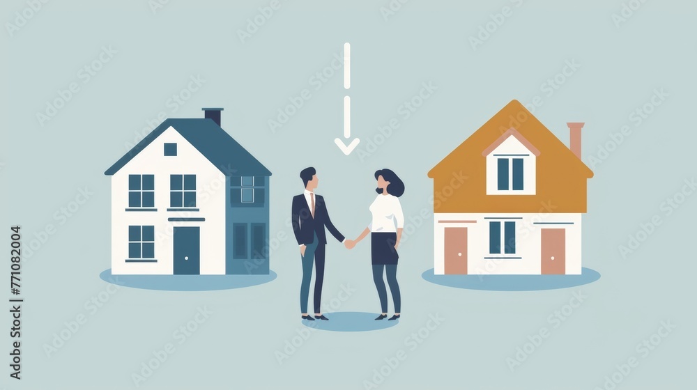 Poster a real estate agent showing a couple two different properties representing potential options for div