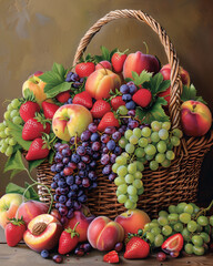 A vibrant assortment of ripe strawberries, peaches, and grapes overflowing from a rustic wicker basket, capturing the essence of summer's bounty