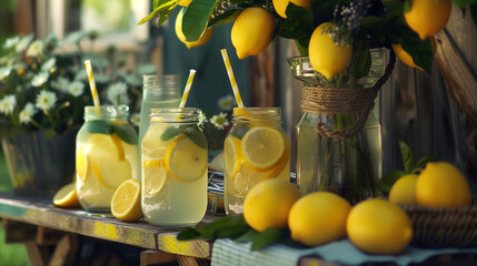 A quaint lemonade stand adorned with fresh lemons and mason jars filled with ice-cold lemonade, reminiscent of childhood summers and neighborhood camaraderie - obrazy, fototapety, plakaty