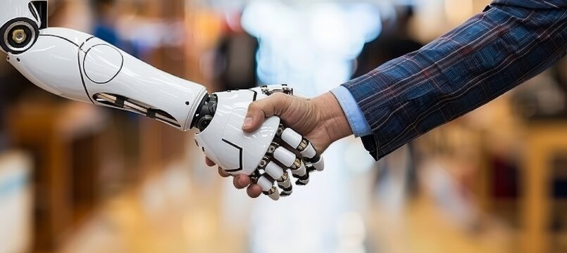 Technology and humanity merge as men and robot hands shake in close up on blurred background