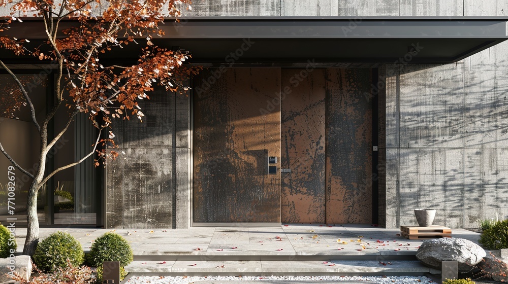 Poster a grand main door crafted from reclaimed materials, its weathered appearance adding a touch of rusti