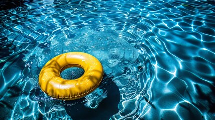 Bright yellow pool float and ring serenely floating in refreshing blue swimming pool