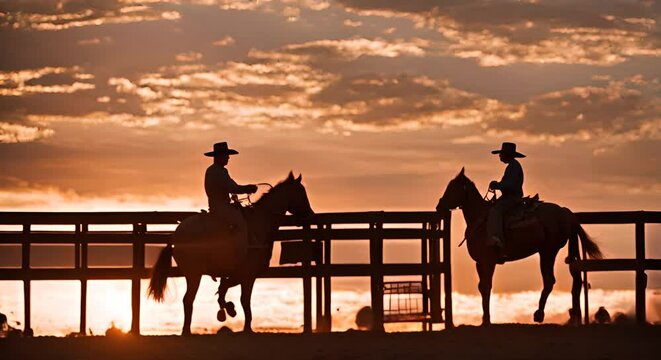 Cowboys in his horses at sunset.