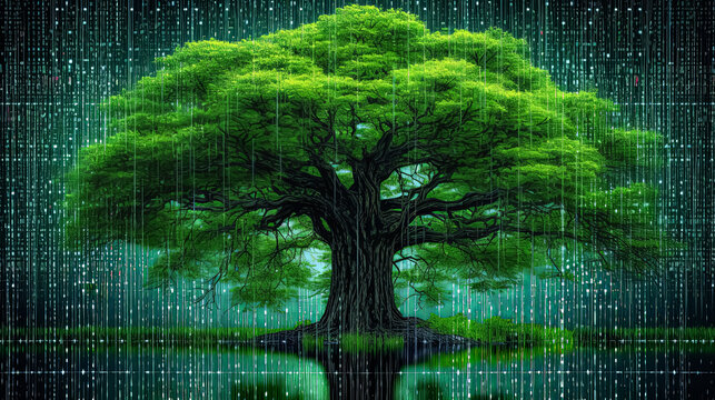 A tree with a lot of leaves is surrounded by a circle of stones. The tree is green and he is in a rainstorm