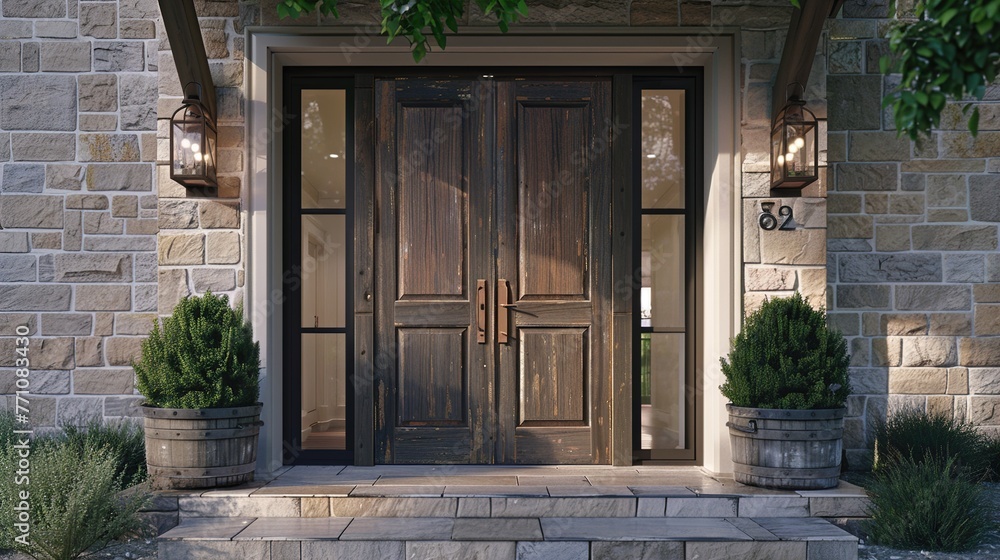Poster a grand main door crafted from reclaimed materials, its weathered appearance adding a touch of rusti