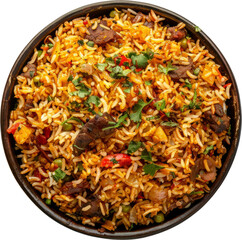 Chicken biryani in decorative bowl with saffron and spices cut out on transparent background